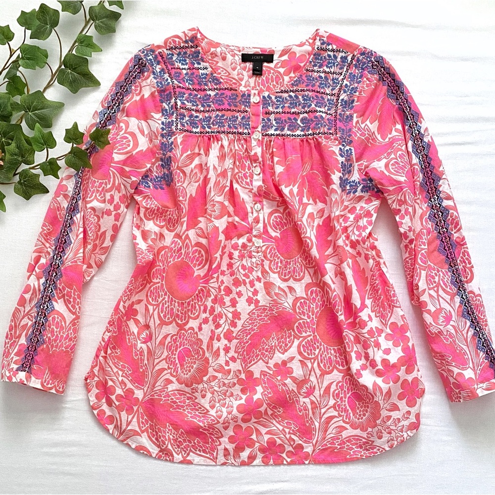 J. Crew 100% cotton pink flower garden peasant blouse w/ blue embroidery